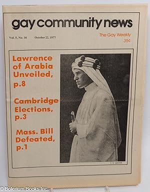 Bild des Verkufers fr GCN: Gay Community News; the gay weekly; vol. 5, #16, October 22, 1977: Lawrence of Arabia Unveiled zum Verkauf von Bolerium Books Inc.
