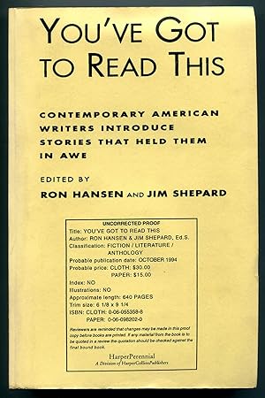 Seller image for You've Got To Read This: Contemporary American Writers Introduce Stories That Held Them In Awe for sale by Between the Covers-Rare Books, Inc. ABAA