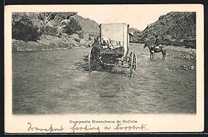 Postcard Compania Huanchaca de Bolivia, Esel-Fuhrwerk im Fluss