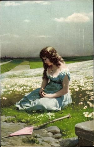 Künstler Ansichtskarte / Postkarte Junge Frau auf einer Blumenwiese, Meister der Farbe, von Herzen