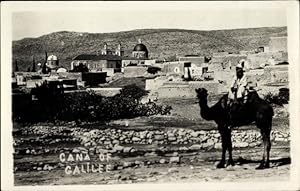 Ansichtskarte / Postkarte Galiläa Israel, Blick zum Ort, Reiter auf einem Kamel