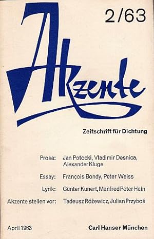 Imagen del vendedor de Zeitschrift fr Dichtung. Herausgegeben von Walter Hllerer und Hans Bender. 10. Jahrgang, Heft 2 - April 1963. Mit vier Tafeln. a la venta por Antiquariat Heinz Tessin