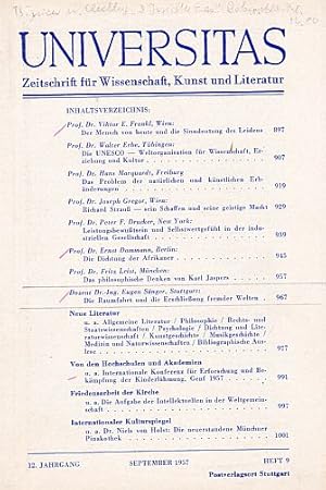 Seller image for Die Raumfahrt und die Erschlieung fremder Welten. Seite 967-976 in : Universitas. Zeitschrift fr Wissenschaft, Kunst und Literatur. 12.Jahrgang, Heft 9. Lose mit dem Original-Titelblatt. for sale by Antiquariat Heinz Tessin