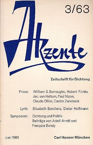 Imagen del vendedor de Zeitschrift fr Dichtung. Herausgegeben von Walter Hllerer und Hans Bender. 10. Jahrgang, Heft 3 - Juni 1963. a la venta por Antiquariat Heinz Tessin