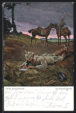 Ansichtskarte Feldpostbrief, Soldat schreibt einen Brief auf dem Felde