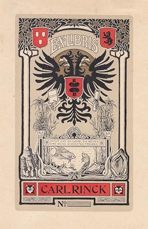 Ex Libris Carl Rinck. Doppeladler mit Wappenschild (Druckerballen), darunter Aquarium mit Fischen...