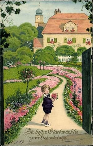 Künstler Ansichtskarte / Postkarte Baumgarten, Fritz, Glückwunsch zum Geburtstag, Kind im Garten,...