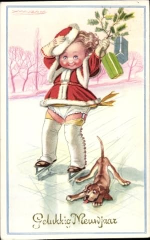 Künstler Ansichtskarte / Postkarte Mauzan, Glückwunsch Neujahr, Mädchen beim Eislaufen, Hund