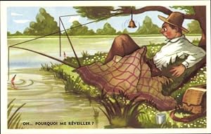 Künstler Ansichtskarte / Postkarte Schlafender Angler wird durch Glocke geweckt