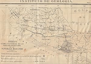 ANTIQUE EARTHQUAKE MAP IN SPANISH instituto de geologia croquis sismo tectonico de la porcion mer...