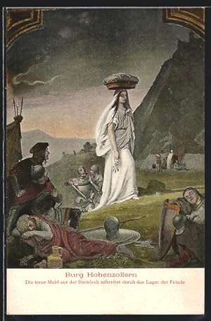 Bild des Verkufers fr Knstler-Ansichtskarte Burg Hohenzollern, Die treue Maid auf der Steinlach schreitet duch das Lager der Feinde, Sage zum Verkauf von Bartko-Reher