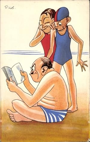 Künstler Ansichtskarte / Postkarte Männer in Badekleidung am Strand