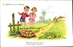 Künstler Ansichtskarte / Postkarte Patt, Jim, Le Lievre et la Tortue, Schildkröte, Hase, Wettlauf