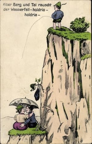Bild des Verkufers fr Ansichtskarte / Postkarte Junge pinkelt auf ein Liebespaar, ber Berg und Tal rauscht der Wasserfall. zum Verkauf von akpool GmbH