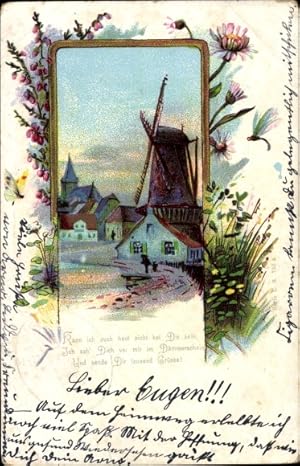 Litho Partie mit Windmühle, Kann ich auch heut nicht bei Dir sein, Liebe, Sehnsucht