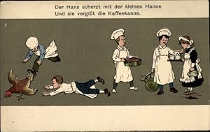 Ansichtskarte / Postkarte Köche, Henne, Braten, Kessel, Hans scherzt mit der kleinen Hanne.