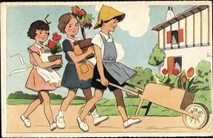 Künstler Ansichtskarte / Postkarte Kinder mit einer Schubkarre, Gärtner
