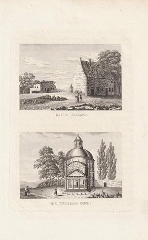 Belle Alliance. Die Waterloo Kirche. Original-Stahlstich mit 2 Ansichten.