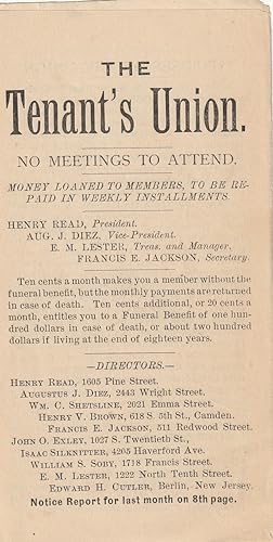 Tenant's Union, 1887 New Jersey/Funeral benefits & loans contract