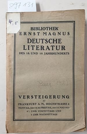 Image du vendeur pour Antiquariats-Katalog Joseph Baer, Katalog Bibliothek Ernst Magnus : Deutsche Literatur des 18. und 19. Jahrhunderts, Versteigerung zu Frankfurt a. M., 14. bis18. Mai 1923 Erstausgaben der Klassiker und Romantiker in ungewhnlicher Vollstndigkeit. Groe Goethe-, Schiller-, Heine-Sammlung. mis en vente par Versand-Antiquariat Konrad von Agris e.K.