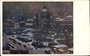 Bild des Verkufers fr Knstler Ansichtskarte / Postkarte Wien 4 Wieden, Karlskirche, Karlsplatz, Winter, Nachts mit Beleuchtung zum Verkauf von akpool GmbH