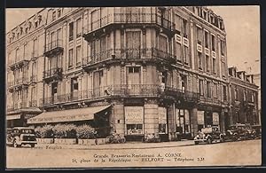 Carte postale Belfort, Grande Brasserie-Restaurant a. Corne, 14, Place de la République