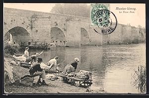 Ansichtskarte Limay, Le Vieux Pont, Waschfrauen