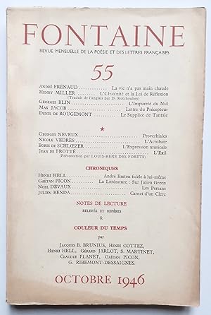 Imagen del vendedor de Fontaine, revue mensuelle de la posie et des lettres franaises, n55, octobre 1946. a la venta por Le Livre  Venir