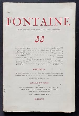 Bild des Verkufers fr Fontaine, revue mensuelle de la posie et des lettres franaises : n33, (printemps) 1944. zum Verkauf von Le Livre  Venir