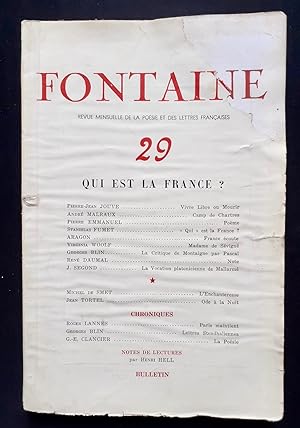 Immagine del venditore per Fontaine, revue mensuelle de la posie et des lettres franaises : n29, (aot-septembre) 1943 : Qui est la France ? venduto da Le Livre  Venir