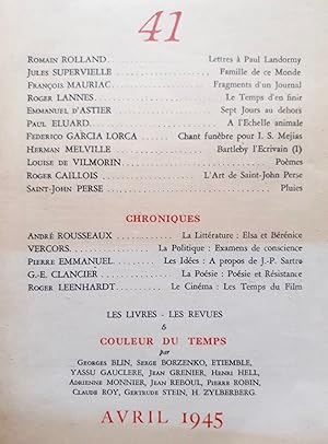 Immagine del venditore per Fontaine, revue mensuelle de la posie et des lettres franaises, n41, avril 1945. venduto da Le Livre  Venir
