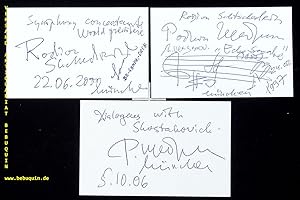 Immagine del venditore per 3 eigenhndig signierte und datierte Autogrammkarte: Echo Sonate mit Notenzitat + Dialogues with Shostakovich + Symphonie concertante. venduto da Antiquariat Bebuquin (Alexander Zimmeck)