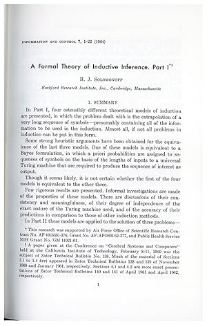 Imagen del vendedor de A formal theory of inductive inference. Part I (II). In Brillouin et al., eds., Information and Control a la venta por Jeremy Norman's historyofscience