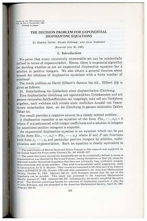 Bild des Verkufers fr The decision problem for exponential Diophantine equations. In Annals of Mathematics, 2nd series, 74 zum Verkauf von Jeremy Norman's historyofscience