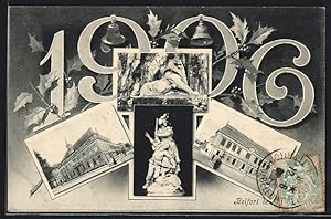 Carte postale Belfort, Monument, Löwen-Statue, Gebäude, 1906