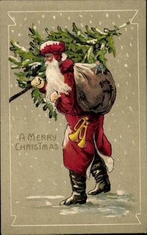 Präge Litho Glückwunsch Weihnachten, Weihnachtsmann mit Tannenbaum und Geschenkesack