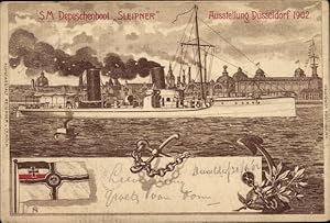 Litho Industrie- und Gewerbeausstellung Düsseldorf 1902, SM Depeschenboot Sleipner