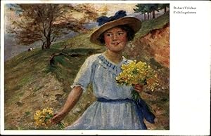 Künstler Ansichtskarte / Postkarte Völcker, Robert, Frühlingsboten, Mädchen mit Blumenstrauß