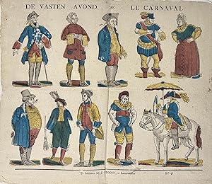 Antique hand colored popular print, woodcut | DE VASTEN AVOND - LE CARNAVAL, published ca. 1830, ...