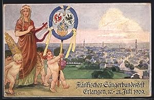 Künstler-Ansichtskarte Erlangen, 11. Fränkisches Sängerbundesfest 1909, Teilansicht, Ganzsache Ba...