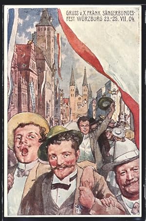 Künstler-Ansichtskarte Ganzsache Bayern: Würzburg, X. Fränk. Sängerbundesfest 1904, Sänger auf de...