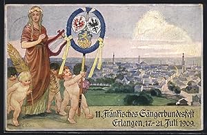 Künstler-Ansichtskarte Erlangen, 11. Fränkisches Sängerbundesfest 1909, Teilansicht, Ganzsache Ba...