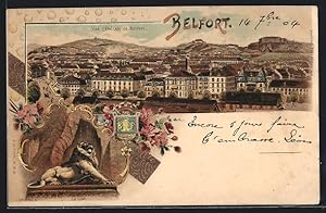 Lithographie Belfort, vue générale, Löwenstatue