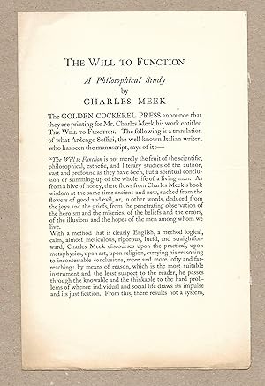 Immagine del venditore per The Will To Function - A Philosophical Study [Prospectus] venduto da The Bookshop at Beech Cottage