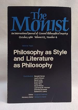 Immagine del venditore per Philosophy as Style and Literature as Philosophy SPECIAL ISSUE of Then Monist [October, 1980 Volume 63, Number 4] venduto da Book House in Dinkytown, IOBA