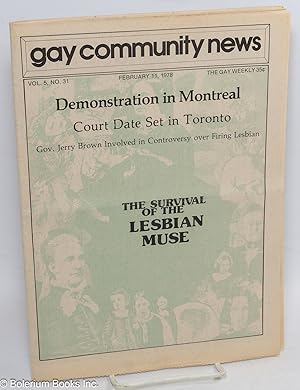 Bild des Verkufers fr GCN: Gay Community News; the gay weekly; vol. 5, #31, February 11, 1978: The Survival of the Lesbian Muse zum Verkauf von Bolerium Books Inc.