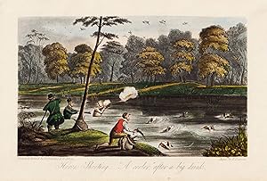 Bild des Verk�ufers f�r "Heron shooting - "A cooler", after a big drink" - Four men with guns shoot herons from the sky. Their dogs drag the shot birds from the river, while another man puts the birds in a bag. / Jagd hunting hunter J�ger zum Verkauf von Antiquariat Steffen V�lkel GmbH