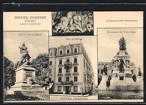 Carte postale Belfort, Hotel Jeannine, Lion de Belfort, Monument des Trois Sièges, Statue Quand-Meme