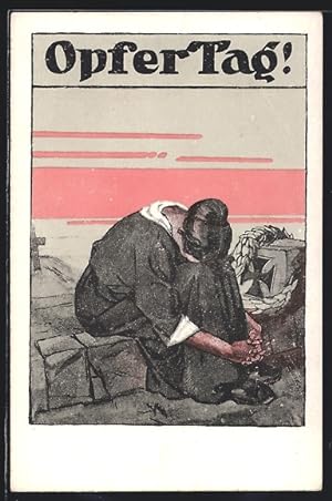 Ansichtskarte Bayer. Landeskomitee vom Roten Kreuz, Opfertag 1917, Kauernde Frau am Grab