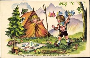 Ansichtskarte / Postkarte Kinder beim Zelten, Wäsche. Unterhose, Picknick